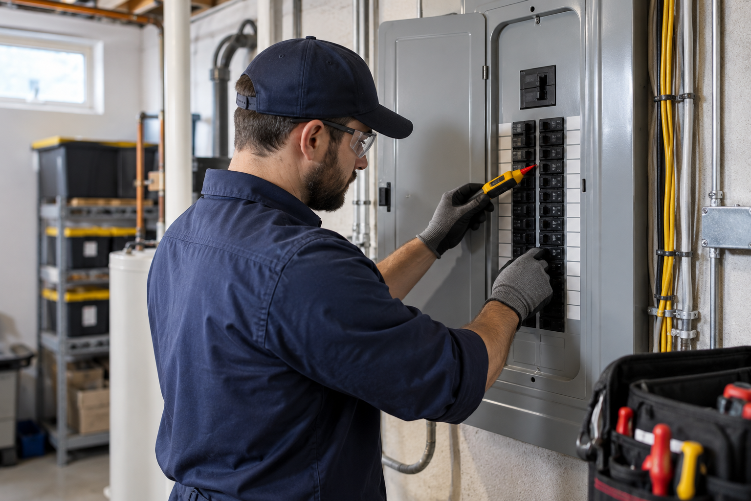 Electrician testing a residential electrical panel