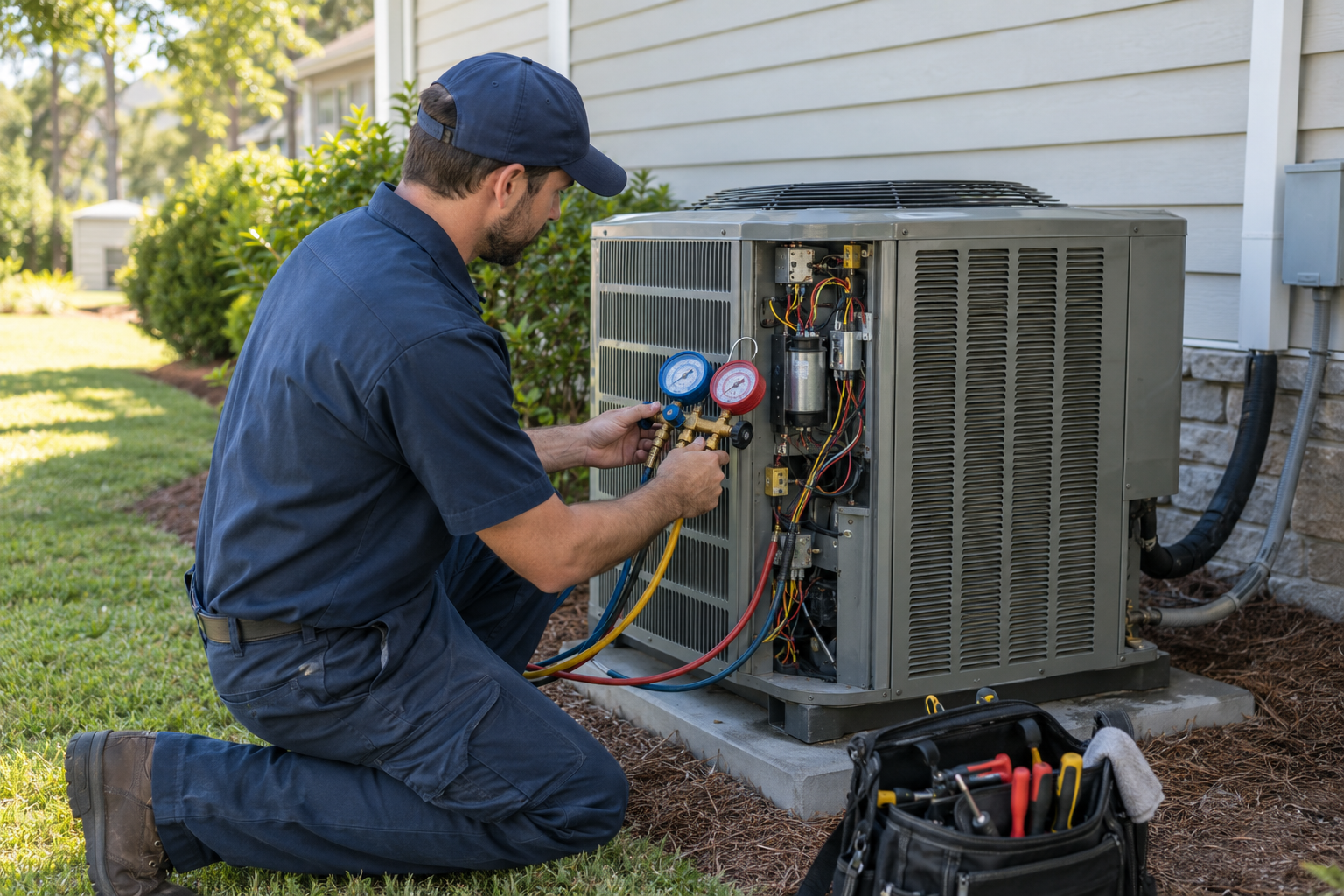 HVAC professional servicing a residential air-conditioning system