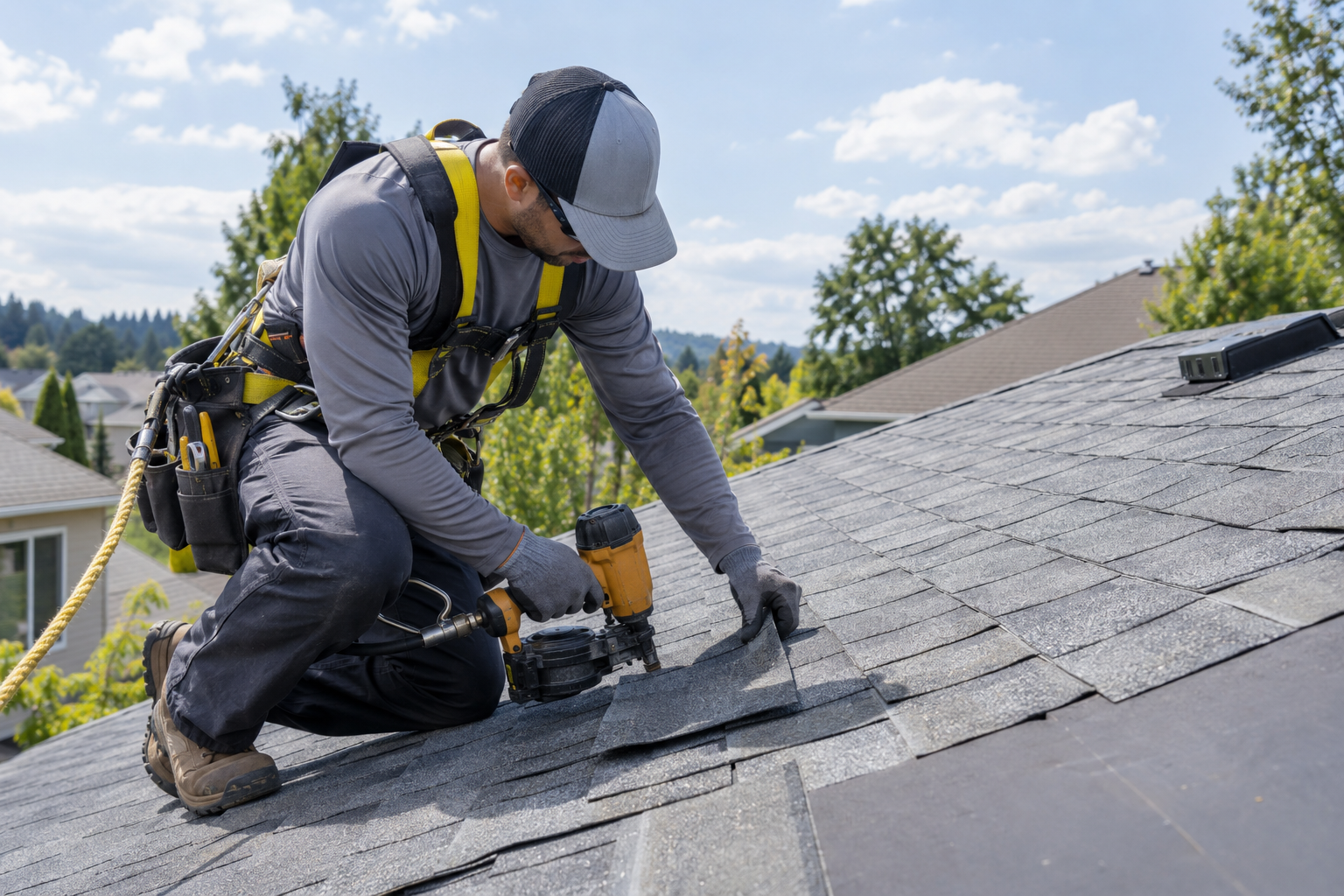 Roofer repairing asphalt shingles with fall protection